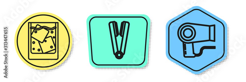 Set line Glass of whiskey and ice cubes, Curling iron for hair and Hair dryer. Colored shapes. Vector