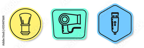 Set line Shaving brush, Hair dryer and Electrical hair clipper or shaver. Colored shapes. Vector