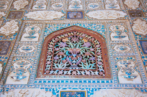 Agra, India - marble and mirrors on wall in Hall of thousands mirrors, Amber Fort near Jaipur, Rajasthan, India. Unesco World Heritage Site