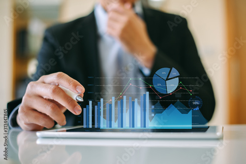 Businessman investment consultant analyzing company financial report balance statement working with digital augmented reality graphics. Concept for business, economy and marketing. 3D illustration.