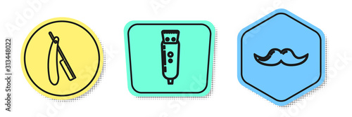 Set line Straight razor, Electrical hair clipper or shaver and Mustache. Colored shapes. Vector