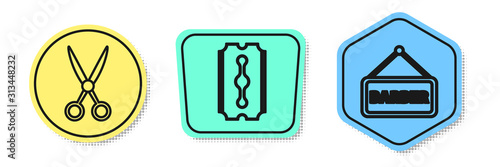 Set line Scissors hairdresser, Blade razor and Barbershop. Colored shapes. Vector