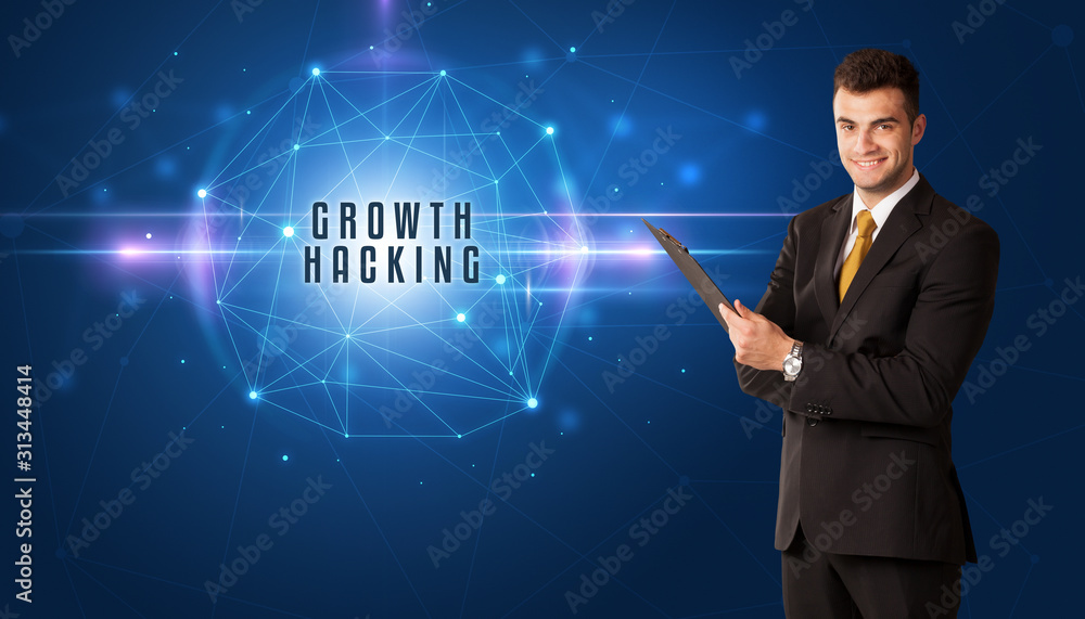Businessman thinking about security solutions with GROWTH HACKING inscription Businessman thinking about security solutions with GROWTH HACKING inscription