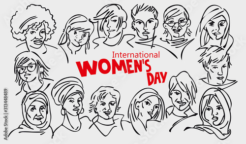 Banner for International Women's Day - diverse female faces from around the world, a diverse group of hand-drawn women. Line graphics. Black and white vector sketch.