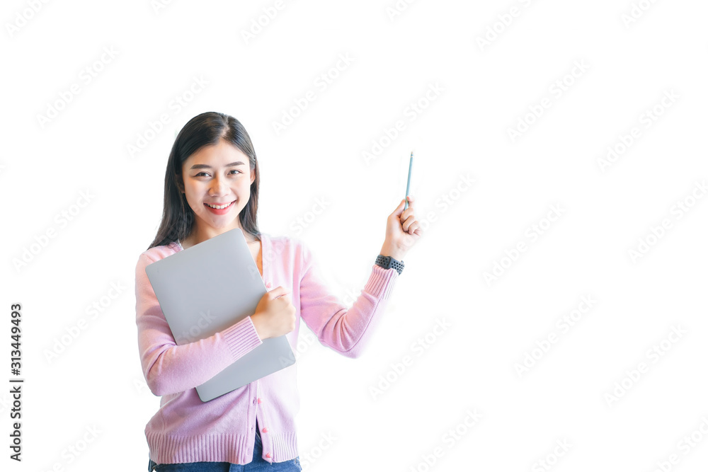 Confident happiness young woman holding laptop or notebook computer on white background. Beautiful Freelancer Woman working online at her home. Beauty Asian business woman concept. Confident happiness young woman holding laptop or notebook computer on white background. Beautiful Freelancer Woman working online at her home. Beauty Asian business woman concept.