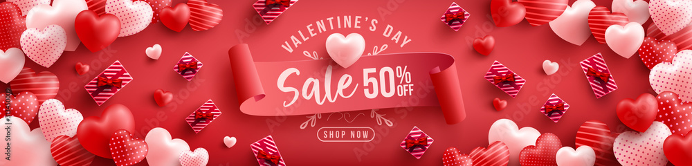 Valentine's Day Sale 50% off Poster or banner with many sweet hearts and on red background.Promotion and shopping template or background for Love and Valentine's day concept.Vector illustration eps 10