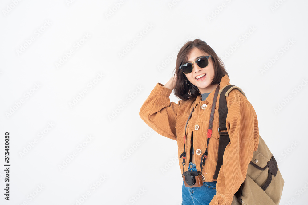 Beautiful young asian tourist woman happy on white background studio Beautiful young asian tourist woman happy on white background studio