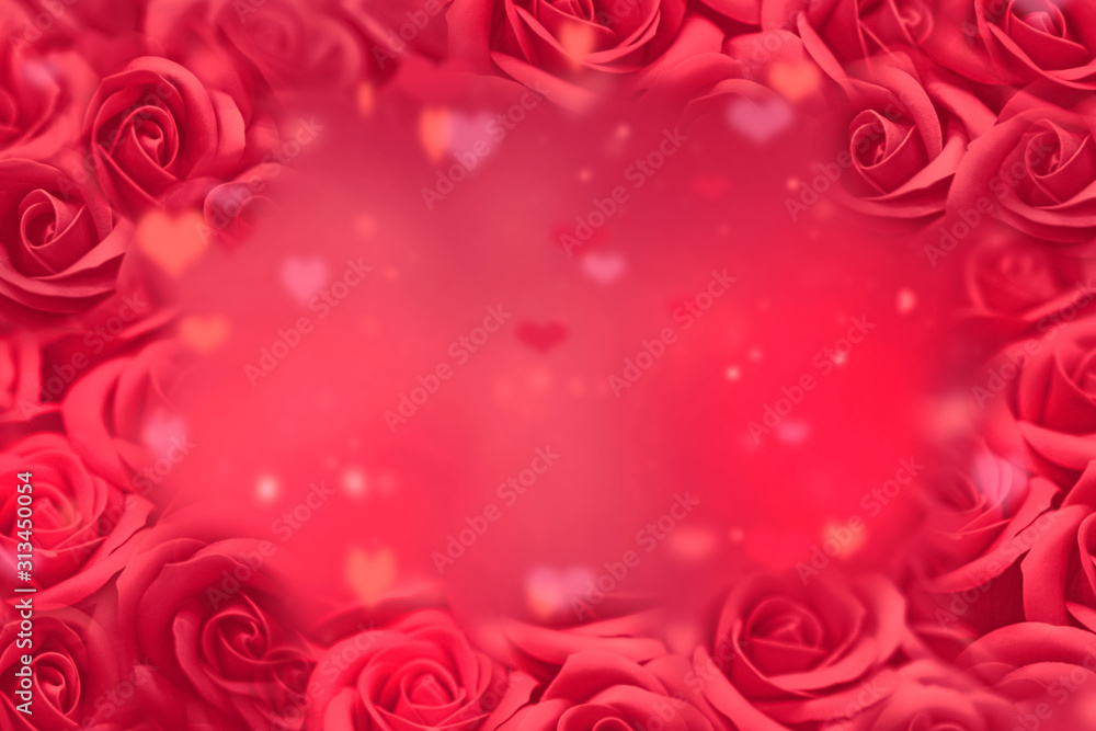 Valentines Day Backdrop- Red Roses And Blured Hearts On Abstract Romantic Background. Valentines Day Concept.