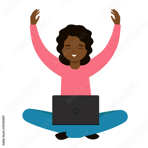 A woman with a laptop is happy about success