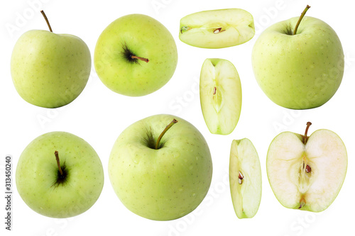 Set of green apples whole and sliced Isolated