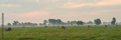 Hay bales in fog on a harvested field on autumn morning