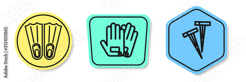 Set line Rubber flippers for swimming, Gloves and Pegs for tents. Colored shapes. Vector