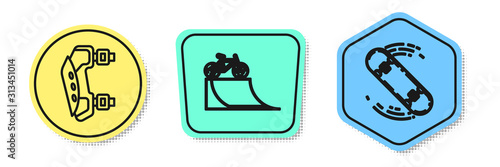 Set line Knee pads, Bicycle on street ramp and Skateboard trick. Colored shapes. Vector