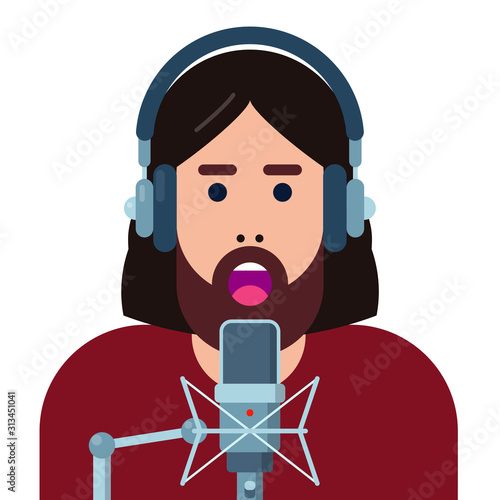 vector illustration with person speaking into microphone and wearing headphones