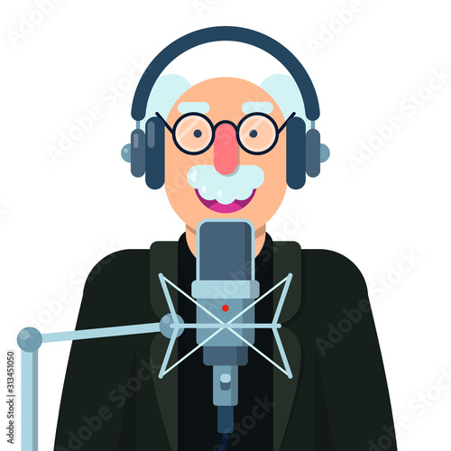 vector illustration with person speaking into microphone and wearing headphones