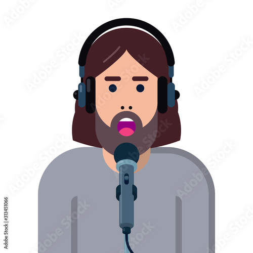 vector illustration with person speaking into microphone and wearing headphones