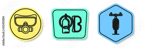 Set line Diving mask, Diving mask and aqualung and Bicycle. Colored shapes. Vector