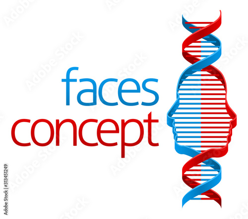 A DNA double helix forming a man and womans face illusion concept icon