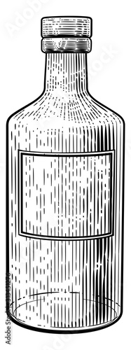 Glass drinks bottle with labe in a vintage retro woodcut etching or engraved style