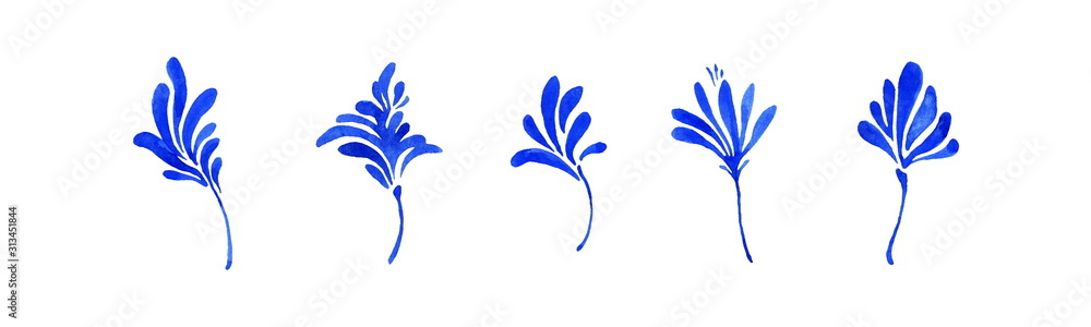 Set of blue watercolor simple decorative leaves, botanical collection. Hand drawn cute small flowers isolated on white background. Aquarelle art design elements