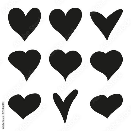 Set of black hand drawn hearts. Vector collection of hearts for Valentines Day sweethearts.