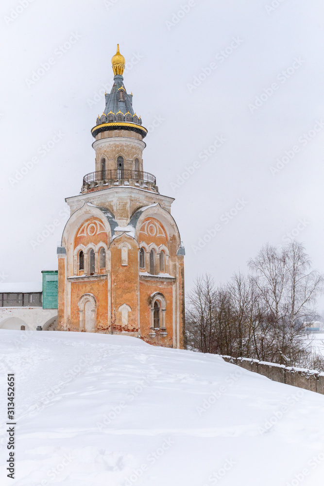 View of the old monastery. Frosty and snowy weather. Borisoglebsky monastery, Torzhok, Tver region, Russia. View of the old monastery. Frosty and snowy weather. Borisoglebsky monastery, Torzhok, Tver region, Russia.