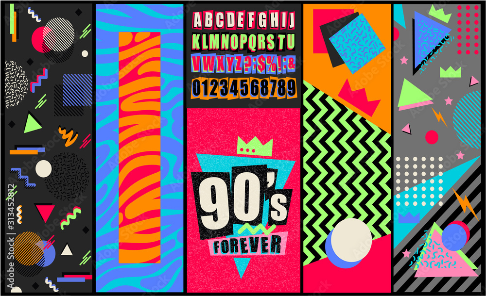 90s and 80s poster. Retro style textures and alphabet mix. Aesthetic fashion  background and eighties graphic. Pop and rock music party event template.  Vintage vector poster, banner. Stock Vector | Adobe Stock