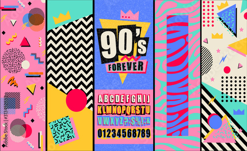 90s and 80s poster. Retro style textures and alphabet mix. Aesthetic fashion background and eighties graphic. Pop and rock music party event template. Vintage vector poster, banner. photo