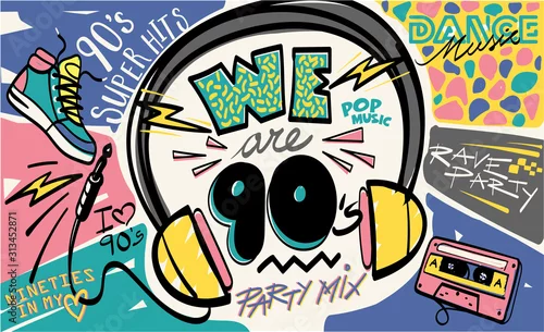 Obraz 90s and 80s poster. Retro style textures and alphabet mix. Aesthetic fashion background and eighties graphic. Pop and rock music party event template. Vintage vector poster, banner.