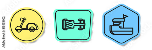 Set line Scooter, Formula race car and Fishing boat. Colored shapes. Vector