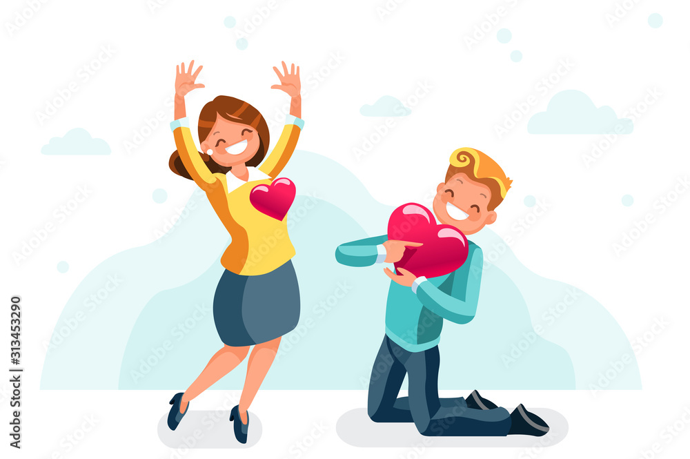 Fototapeta premium Tender man on dating have romance with his wife, together in joy holding emotions for togetherness. Husband in loving time, relaxed male romantic cartoon. Fall in love concept flat vector illustration