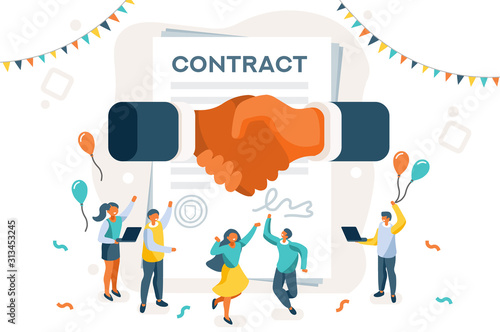 Company contract greeting, successful agreement idea. Friendship to success, friend congratulation. Joy to flying joyful on the air to celebrate an achievement. Young celebration leader. Flat vector.