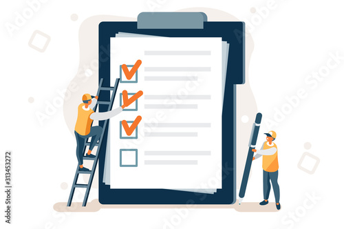 Tick business questionnaire on clipboard. Marks to search a solution or inspiration. New report scheduling, document filling with a pen. Ideas on a list, creative check as human creativity concept