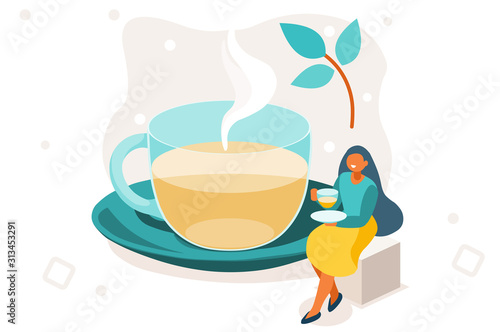 The tasty and healthy aroma of a morning beverage. Green ingredient as a leaf in a hot organic delicious drink to taste the natural lifestyle concept. Cartoon flat vector illustration.