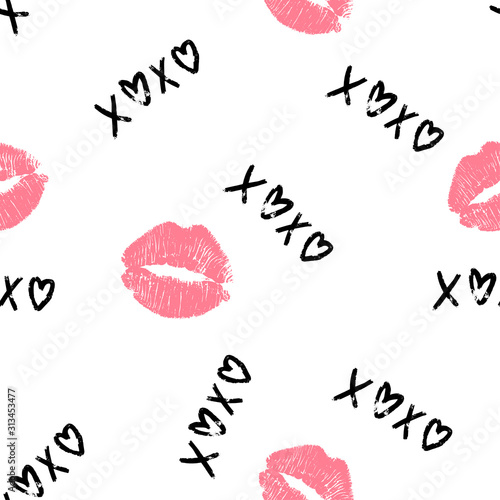 Valentine Day Heart and watercolor lettering xoxo and kiss marks in pink over light background. Vector minimalistic illustration photo