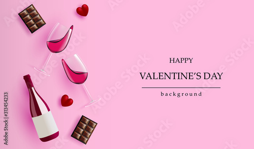 Holiday Valentine's day banner.realistic Wine bottle, Wine glass, Chocolate and red heart on pink background for greeting cards, headers and website,vector design.