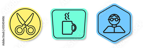 Set line Scissors, Coffee cup and Student. Colored shapes. Vector