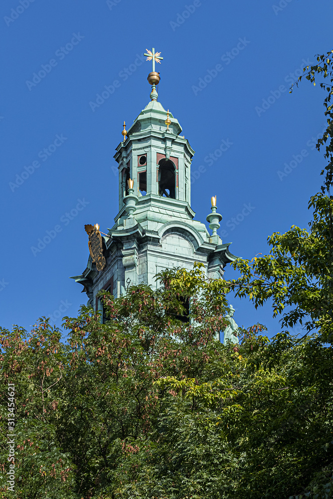 Architectural fragments of Wawel Cathedral (Katedra Wawelska, from 11th century) bell tower in Krakow. Wawel Cathedral - Roman Catholic Church located on Wawel Hill in Krakow, Poland.