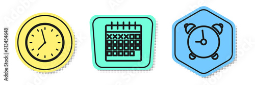 Set line Clock, Calendar and Alarm clock. Colored shapes. Vector