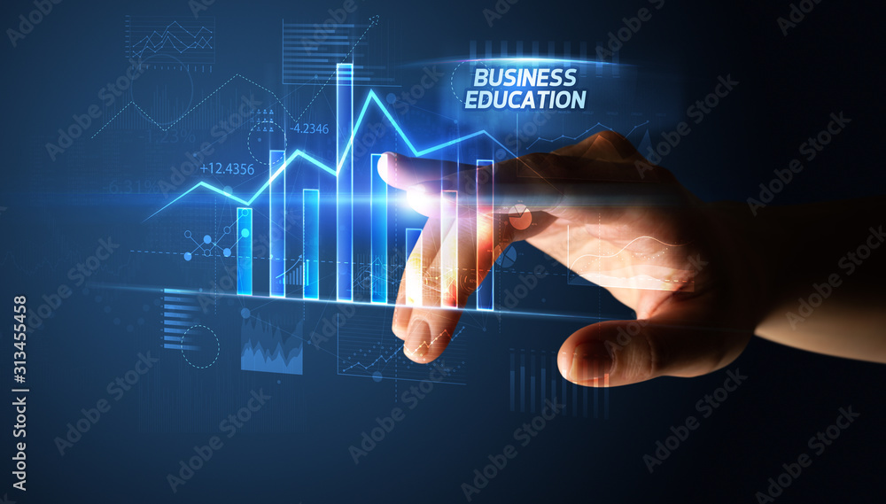 Hand touching BUSINESS EDUCATION button, business concept Hand touching BUSINESS EDUCATION button, business concept