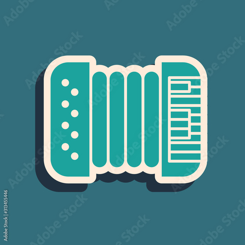 Green Musical instrument accordion icon isolated on blue background. Classical bayan, harmonic. Long shadow style. Vector Illustration