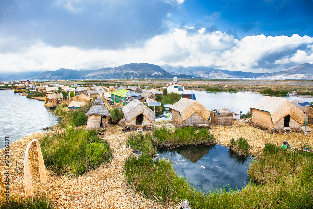 Uros floating islands on Titicaca lake in Puno, Peru, South America.
