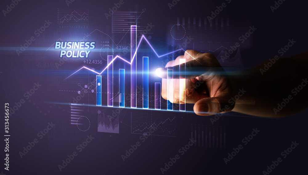 Hand touching BUSINESS POLICY button, business concept Hand touching BUSINESS POLICY button, business concept