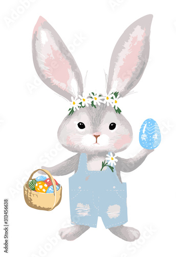 Easter Bunny with a basket and eggs. Vector illustration isolated on a white background. Rabbit in denim overalls. Holiday card.