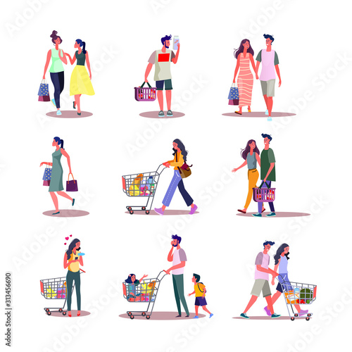 Set of people doing shopping