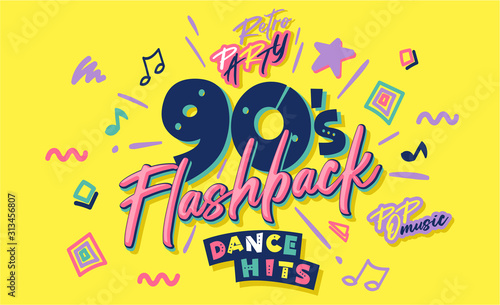 90s poster. Nineties flashback. Retro music style textures and objects mix. Aesthetic fashion background and old fashion graphic. Vintage vector 90's invintation card, banner. Easy editable template.  photo