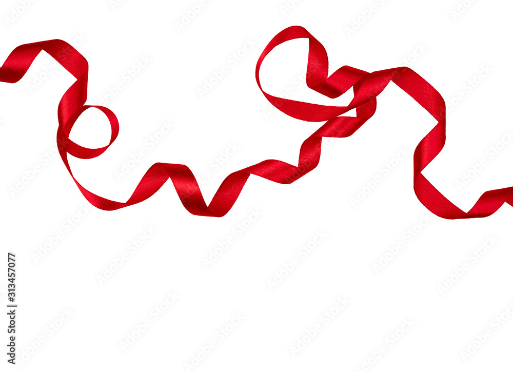 Red wavy ribbon on transparent background. Holiday decoration. Valentine's Day decoration congratulation frame.
