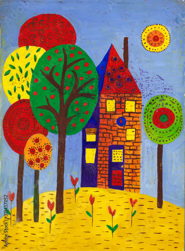 Fantasy house and trees. Gouache technique. Hand drawn colorful illustration. Doodle abstract art. Bright colors. Cute cartoon world. Magic Fairy tale.