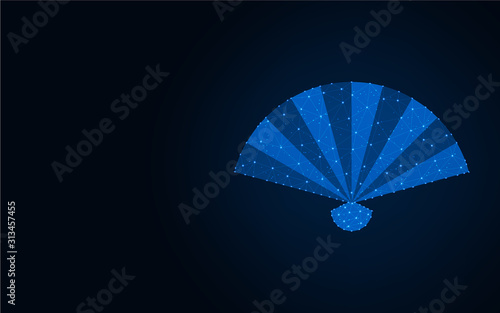 Hand fan low poly design  wireframe mesh polygonal vector illustration made from points and lines on dark blue background
