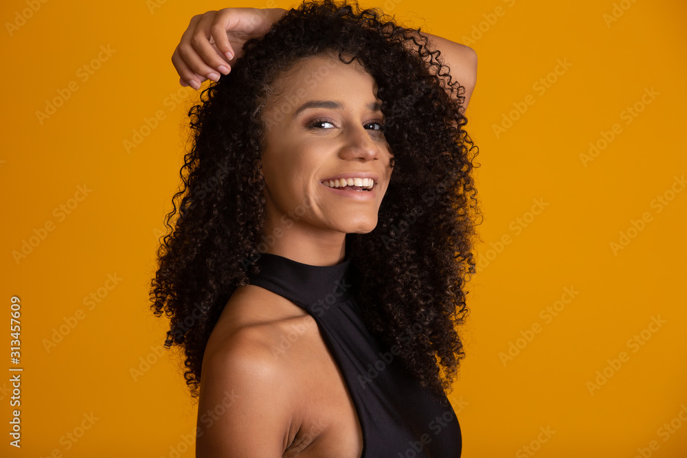 Young afro-american woman with curly hair looking at camera and smiling. Cute afro girl with curly hair smiling looking at camera. Young afro-american woman with curly hair looking at camera and smiling. Cute afro girl with curly hair smiling looking at camera.